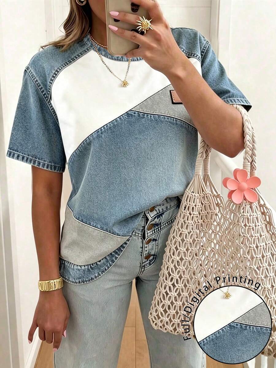 EMERY ROSE Women's Casual Round Neck Short Sleeve T-Shirt With Denim Effect Print - Multicolor - View 1