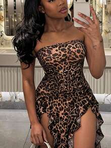 SHEIN SXY 女士性感优雅豹纹荷叶边开衩紧身连衣裙，适合日常穿着、聚会、约会、派对、海岛度假、海滩 - 彩色 - 查看 6