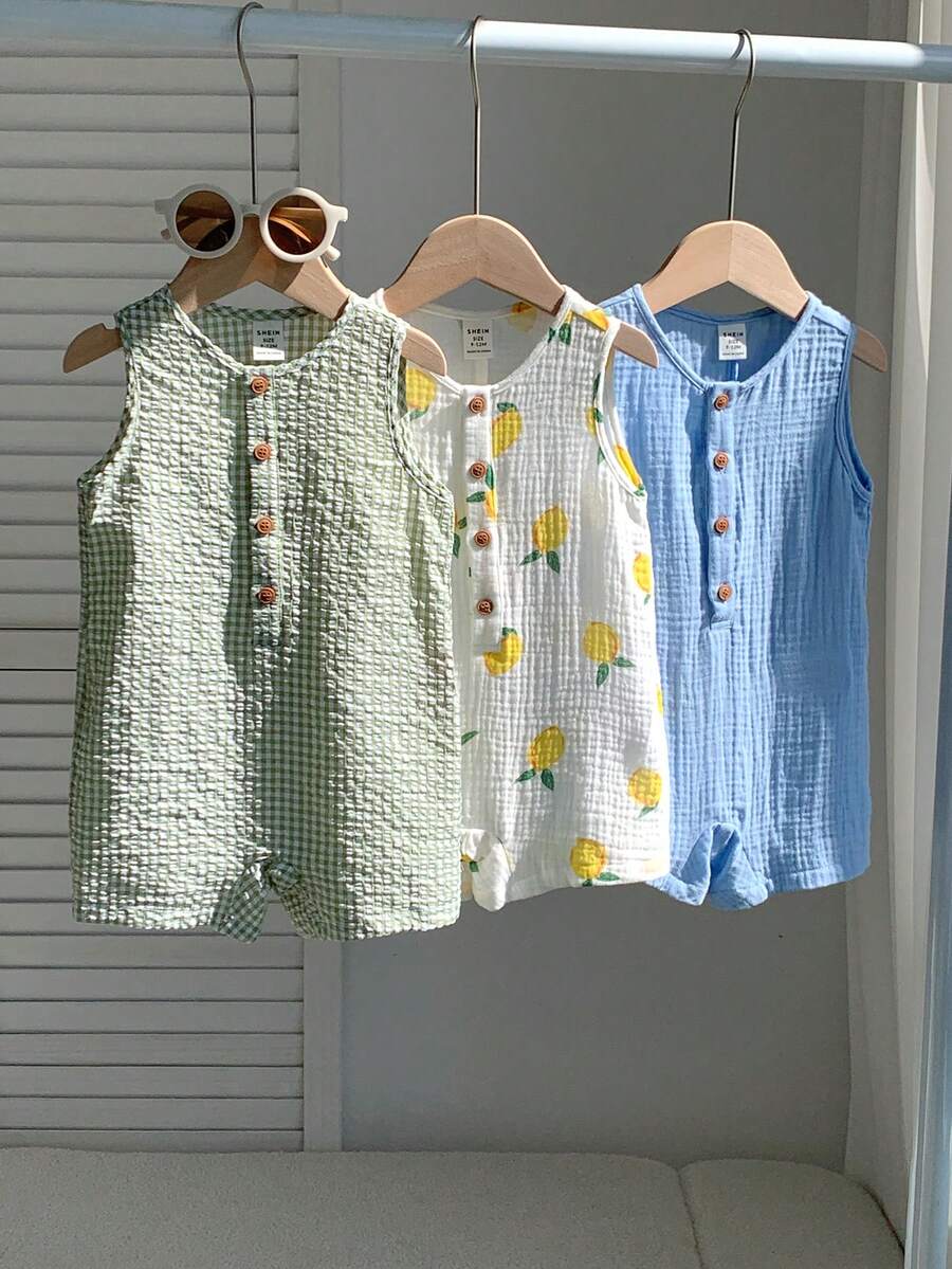 SHEIN 3件組新生兒嬰兒男嬰女嬰通用夏季可愛休閒條紋無袖連身衣檸檬印花連身衣 3件套夏季嬰兒連身衣 - 彩色 - 查看 1