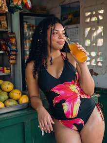 Swim Vcay Plus Size Women's Floral Print Halter Tankini Set - Multicolor - View 4