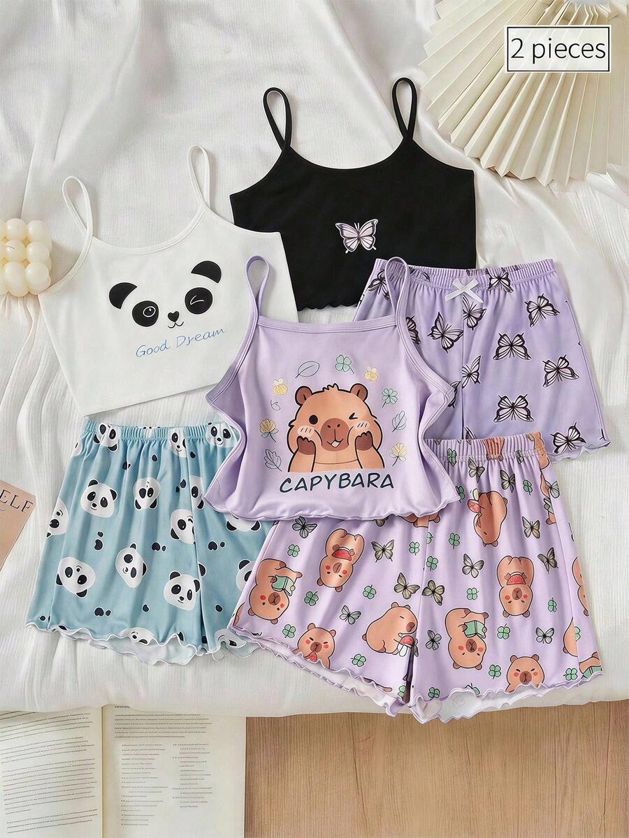 SHEIN 少女款吊帶居家服,可愛水豚睡衣套裝 2 件組,舒適柔軟面料,慵懶俏皮居家風 - 紫色 - 查看 1
