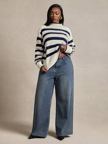 Radiana Curve Plus Size Women's Striped Stand Collar Drop Shoulder Long Sleeve Casual Sweater In Fall/Winter - Blue and White - View 6