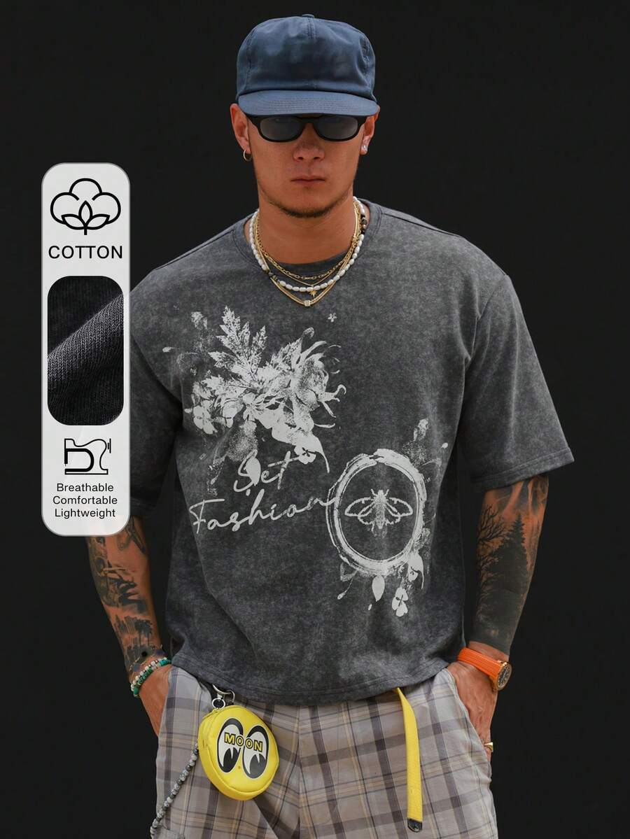 DAZY 深灰色水洗布料男士短版背後字母印花圖案T恤 夏季 - 深灰色 - 查看 1