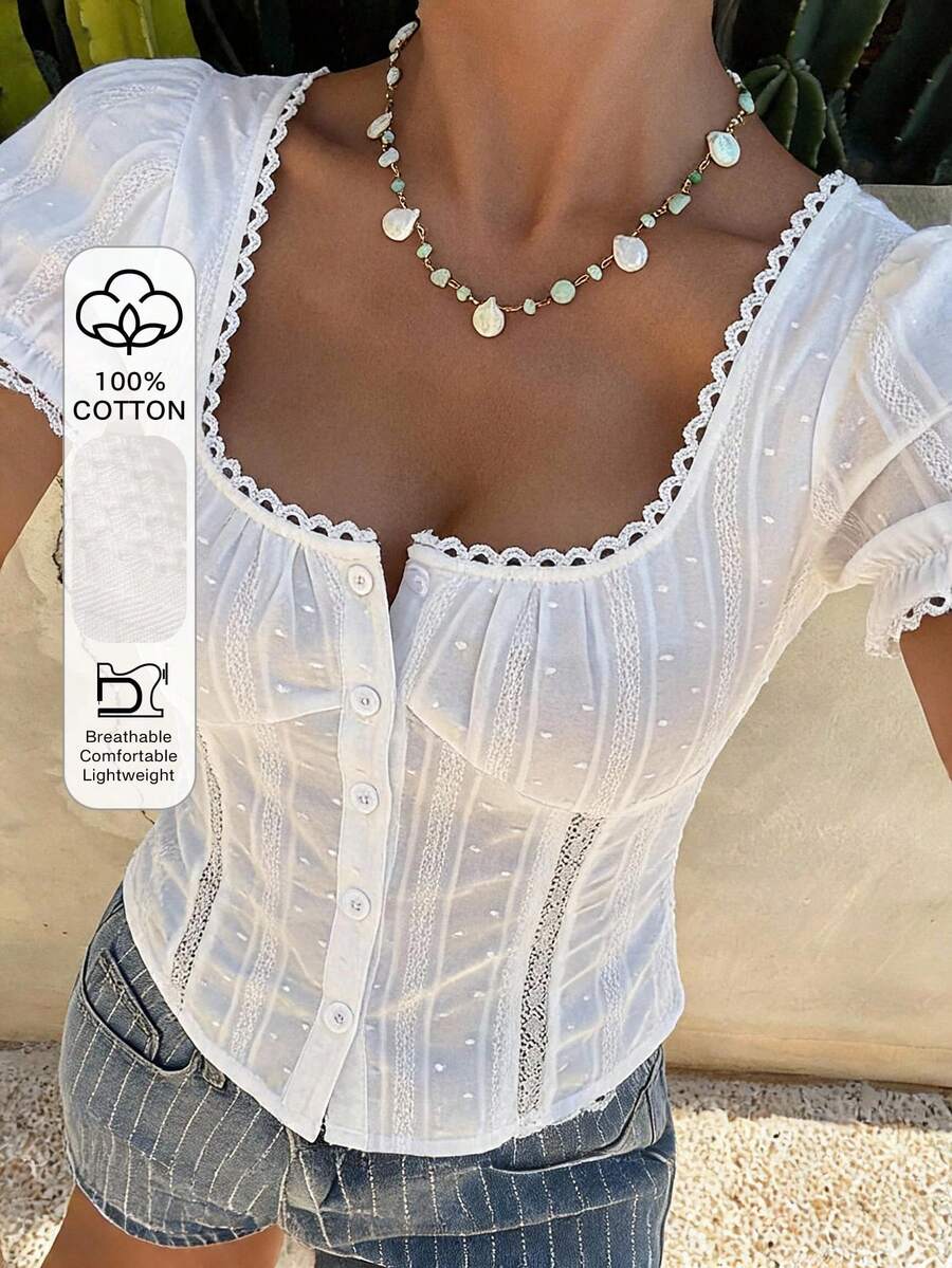 DAZY 女款紋理布料拼接蕾絲飾邊收腰短版方領休閒度假海灘夏季背心上衣校園風 - 白色 - 查看 1