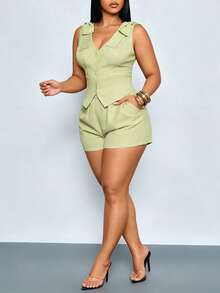 SOLERSUN Plus-Size Women's Sleeveless Two Pieces Crop Set, Suitable For Professional And Business Occasions. - Green - View 7