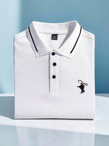 Manfinity Homme 男士騎士印花撞色休閒日常長袖 Polo 衫 - 白色 - 查看 3