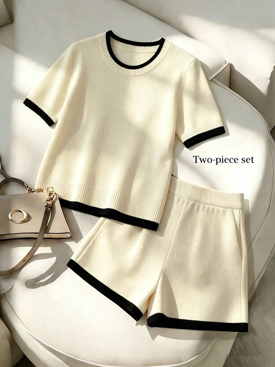 Franclia Women's Autumn Casual Elegant Minimalist Daily Formal Commute Round Neck Color Block Design Regular Shoulder Short Sleeve Fitted Plus Size - Multicolor - View 1
