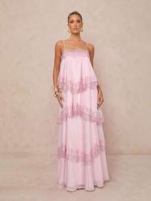 Lumalex Spring/Summer New Chiffon Ruched Contrast Lace Adjustable Strap Backless Dress - Baby Pink - View 10