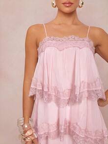 Lumalex Spring/Summer New Chiffon Ruched Contrast Lace Adjustable Strap Backless Dress - Baby Pink - View 11