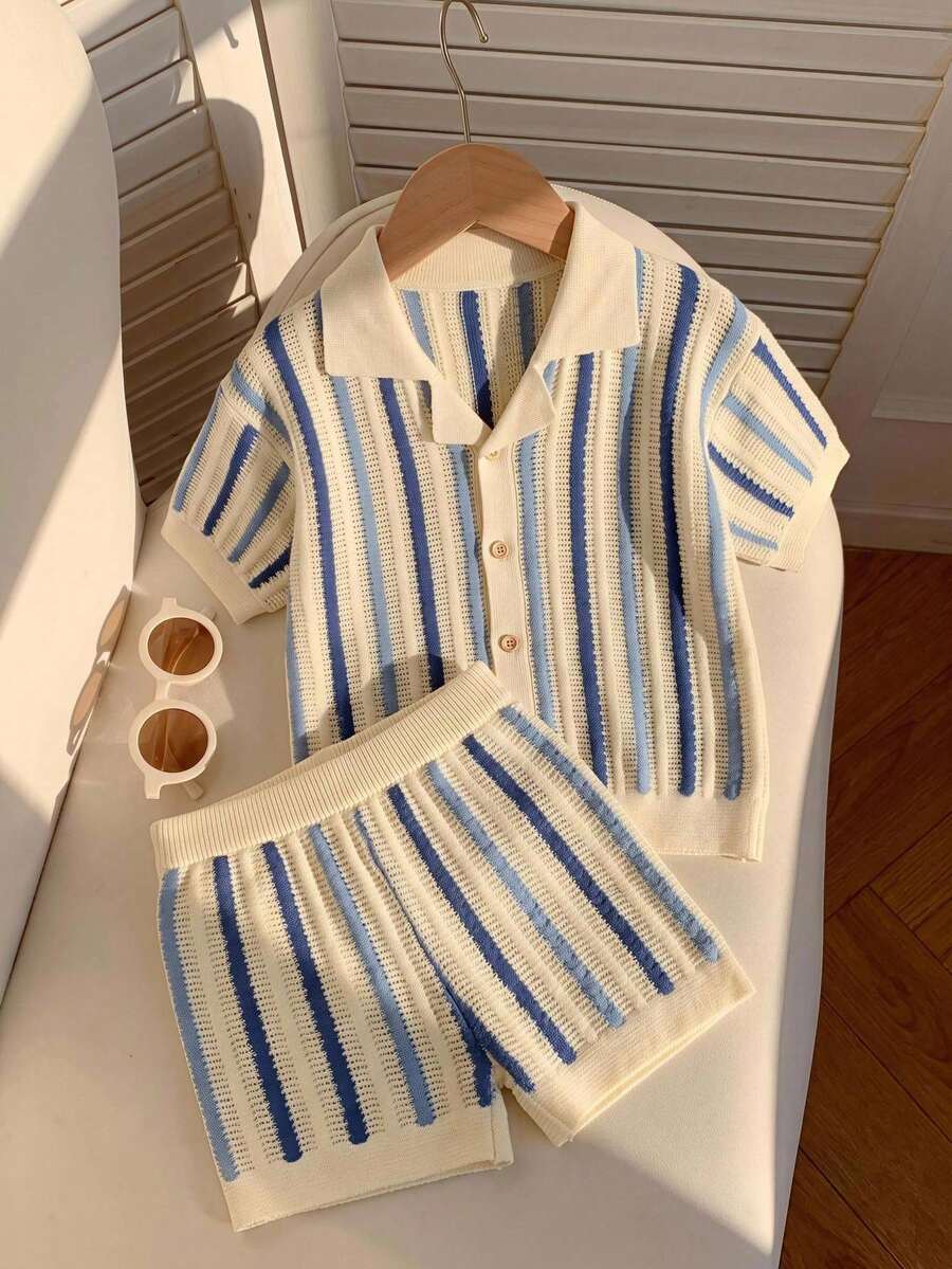 SHEIN 2pcs/Set Kids Young Boy Summer Cute Casual Blue & White Striped Short Sleeve Top & Striped Shorts Knit Sweater Set, Vacation Outfit, Summer Set, Shirt Set, Knit Set, Boys Outfit - Multicolor - View 1