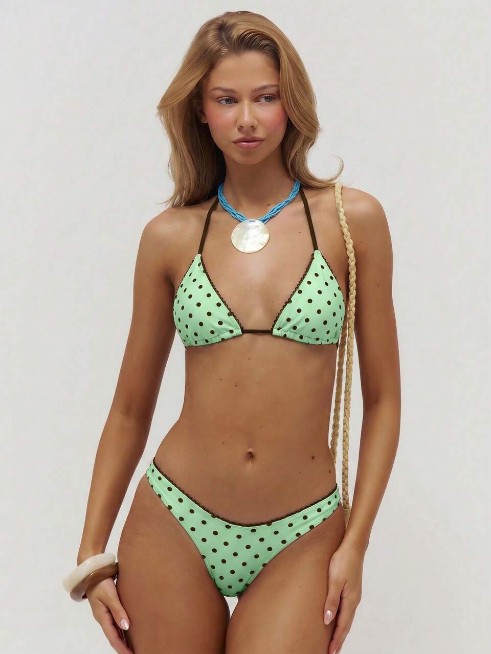 Contrast Polka Dot Triangle Bikini Only Summer Swim Beach Vacation Everyday Breezy Sexy Cute Travel Bambola Green