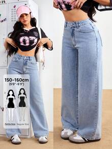 SHEIN PETITE Women Pockets Loose Wide Leg Relaxed Fit Casual Jeans, Versatile ,Petite Women - Blue - View 1