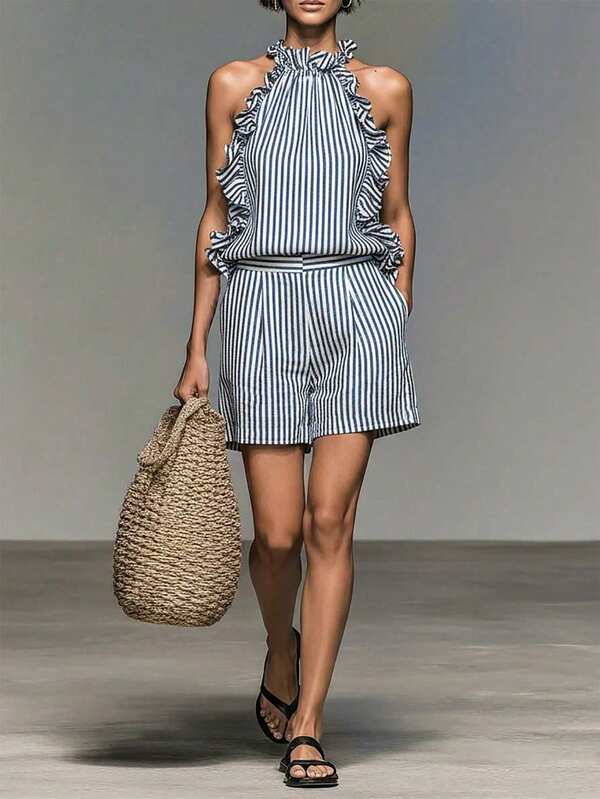 SHEIN Holidaya Blue & White Vertical Striped Halter Neck Sleeveless Set, Ruffle Trim Peplum Top + High Waist Wide Leg Shorts Two Pieces Outfit