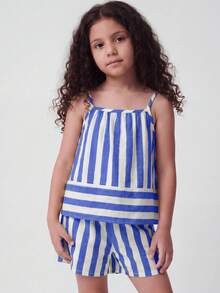Maija Kids Maija Kids 女童編織條紋背心與短褲休閒度假套裝 - 藍白色 - 查看 4