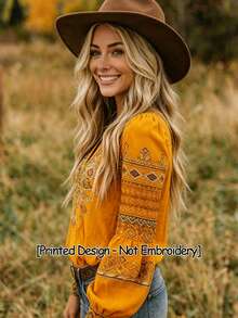 EMERY ROSE Women's V-Neck Pleated Casual Boho Versatile Daily Wear Blouse Travel Mustard Yellow Autumn - Yellow - View 3