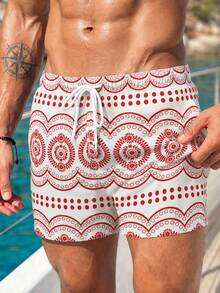 Manfinity Swimmode Pantalones cortos de playa para hombre con estampado integral y cintura con cordón para vacaciones de verano - Rojo - Ver 5