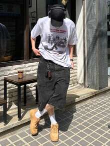 DAZY 夏季純色藍色男士牛仔短褲 - 黑色 - 查看 6