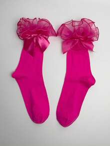 ROMWE Kawaii Calcetines tubo de malla con volantes y lazo en contraste para mujer - Rosa roja B12 - Ver 3