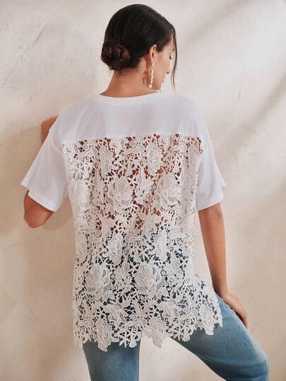 Anewsta Camiseta de verano casual de moda para mujer con encaje calado y patchwork