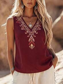 Linhara CURVE Plus Size Bohemian Boho Style Embroidered Sleeveless Burgundy Vest Vacation Summer - Burgundy - View 6