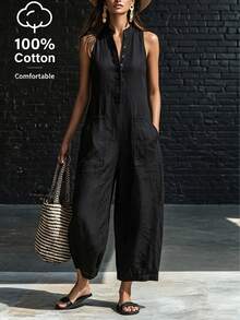 LUMIGAL Fashionable Commuter Solid Color Button Half-Placket Sleeveless Jumpsuit - Black - View 7