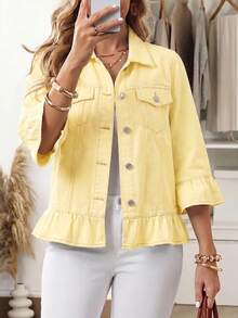 EMERY ROSE Chaqueta vaquera casual de uso diario de un solo pecho de color liso para mujer de talla grande - Amarillo - Ver 7