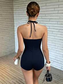 INAWLY 女款夏季新款性感修身蕾絲掛脖短款緊身連身褲 - 藏蓝色 - 查看 2