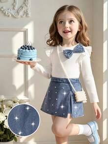 2pcs Young Girl Preppy Faux Pearl Beading Bow Knot Rib Knit Ruffle Long Sleeve Pleated A Line Skirt T Shirt Denim Skirt Set Party Fall Style - White - View 4
