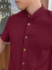 HIMLAND Men's Woven Casual Versatile Solid Color Short Sleeve Shirt - Burgundy - View 4