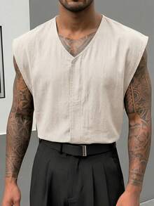 SIGLOCORE Men's Solid Color V-Neck Casual Versatile Daily Wear Top - White - View 3
