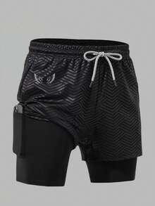 Gym Rark Men's Minimalist Wing Print Drawstring Waist Double Layer Pocket Sports Shorts - Black - View 3
