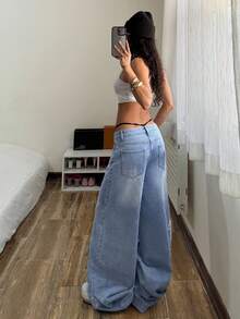 SHEIN PETITE 女款休閒百搭日常外出寬腿牛仔褲，附口袋鈕扣與字母圖案，適合嬌小女性 - 藍色 - 查看 2