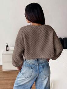 SHEIN PETITE 純色休閒秋冬女款長袖抓絨外套，小碼，可愛風格 - 棕色 - 查看 3