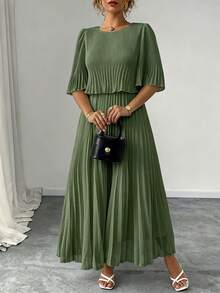 Elenzga Vestido de Gasa Plisado Elegante de unicolor Talla Grande, Primavera/Verano - Verde militar - Ver 1