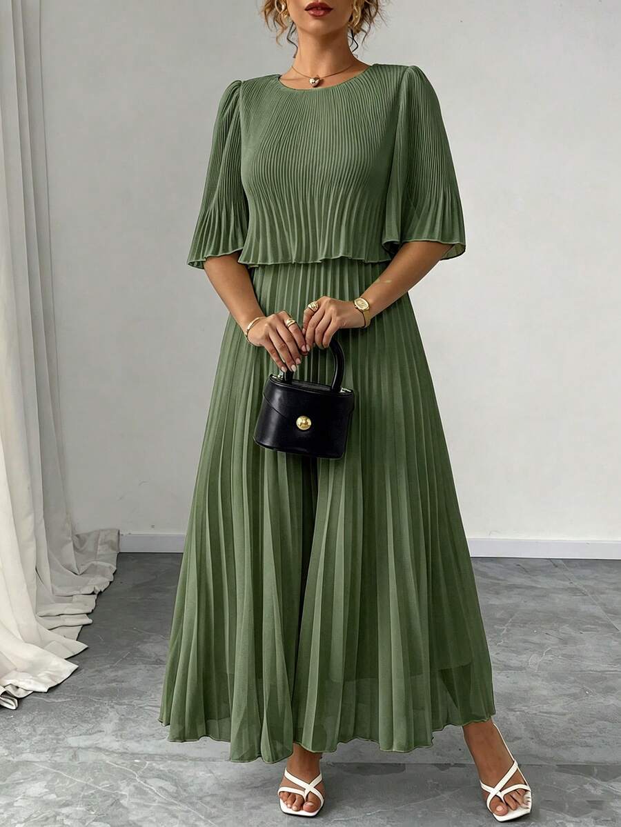 Elenzga Vestido de Gasa Plisado Elegante de unicolor Talla Grande, Primavera/Verano - Verde militar - Ver 1
