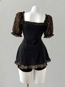 Sunspun Fashionable Sexy Leopard Print Lace-Up Crop Top - Black - View 2