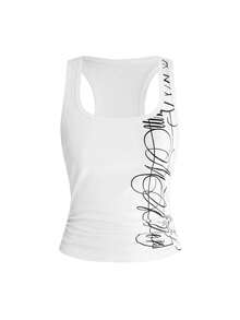 ROMWE Grunge Punk Music Festival Outfit Punk Cross & Slogan Fitted Tank Top & Ultra Low Waist Mini Shorts 2 Pieces Set - White - View 5