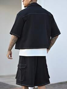 Devon Thys 男士夏季休闲日常通勤时尚街头撞色缝线口袋短袖衬衫和抽绳腰短裤套装 - 黑色 - 查看 5