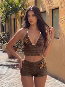 Bonvoyette 2026 New Women's Summer Beach Vacation Two-Piece Bikini Set, Special Striped Textured Fabric, Spaghetti Straps, Spaghetti Strap, Beaded Hollow Triangle Backless Sexy Solid Color Ruched Starfish Applique Tank Top And Bikini Bottoms - Brown - View 5