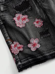 ROMWE MEN Street Life 男士刺繡做舊鈕扣口袋時尚牛仔短褲 - 黑色 - 查看 4