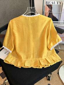 Franclia 白色花卉刺繡輕盈夏季短袖女款襯衫，適合日常、度假、休閒通勤 - 鵝黃色 - 查看 2