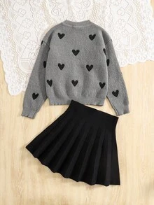 SHEIN 青少年女孩圖案落肩圓領毛衣與純黑百褶裙兩件套，適合日常穿著、返校、休閒場合，秋冬日常穿搭 - 灰色 - 查看 2