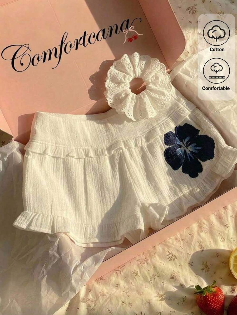Comfortcana Women's Floral Print Pleated Casual Versatile Everyday Shorts - White - View 1