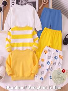 SHEIN 1 Random Set,Boys Yellow White Blue Striped Bear Animal Print Long Sleeve Shirts Sets Back To School Loose Ribbed Cuffs Sweatshirts Tops Pant - Multicolor - View 2