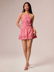 Willow Rêve Women's Pink Embroidered Spaghetti Strap Mini Ruffle Dress, Romantic Vacation Style, Valentine's Day, Boho Style - Pink - View 9