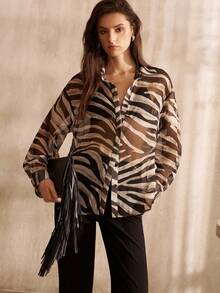 MOTF PREMIUM WOMEN'S LONG SLEEVE BLACK & WHITE ZEBRA PRINT BLOUSE, FASHIONABLE COMMUTER STYLE - Black and White - View 8