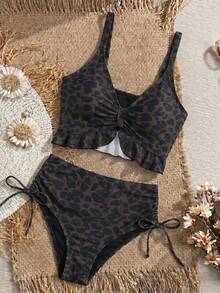 Swim Lushoire 女款海灘度假風荷葉邊抽繩性感豹紋細肩帶比基尼上衣 - 彩色 - 查看 5