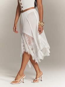 Denimoi Falda Semitransparente Fluida con Dobladillo Asimétrico y Ribete de Encaje Sexy Faldas Euro Verano Vacaciones GNO - Blanco - Ver 5