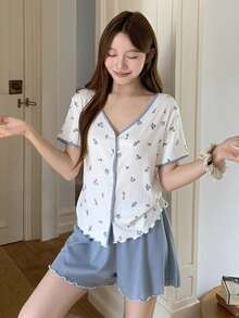 DAZY 女款V領花卉印花短袖上衣與短褲休閒居家服套裝 夏季睡衣 - 藍色 - 查看 5
