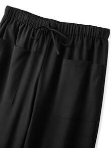 Linhara Loose Fit Cropped Length Casual Pants With Drawstring Waist, Side Pockets And Wooden Button Hem Decor, Plus Size Fall - Black - View 7
